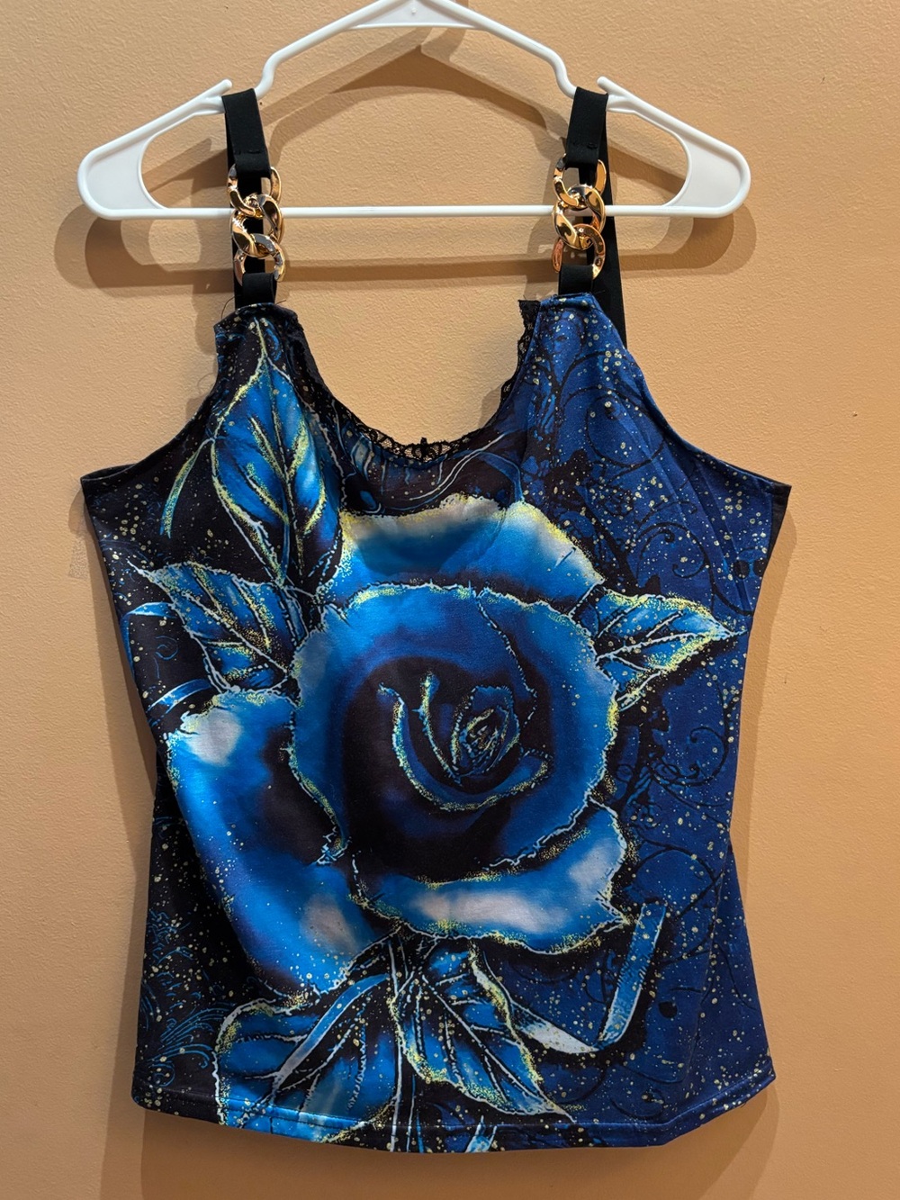 Blue Rose Print Gold Chunky Link Straps Tank Top Size 2X